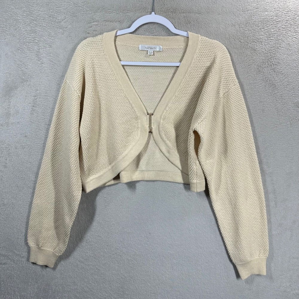 Anthropologie Flat White Cardigan M/L Cream‎ Cropped Popcorn Knit Shrug Sweater